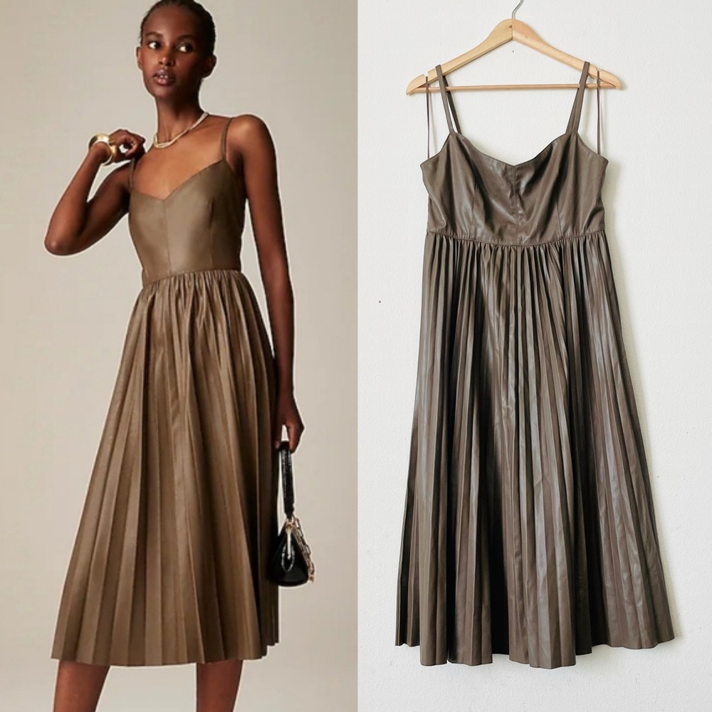 Jcrew Collection SIZE 10 brown Pleated sleeveless midi dress in faux leather
